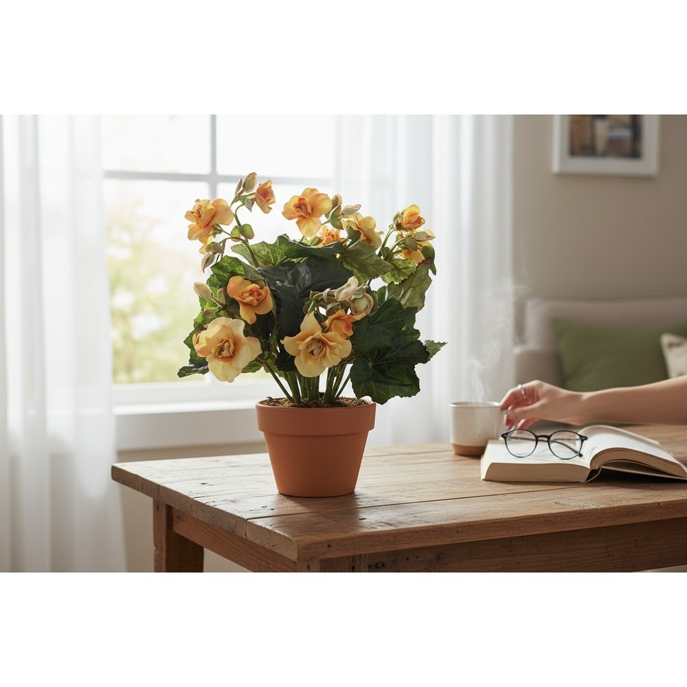 Bachman's Artificial Begonia Plant OS Yellow NWOT Faux Potted Silk Flower
